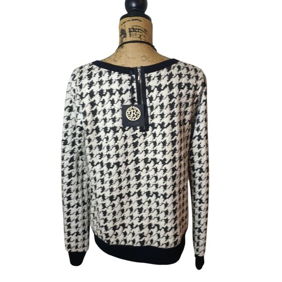 Bobeau Womens L Long Sleeve Zippers Black Cream Houndstooth Top Chic Preppy - Picture 2 of 10